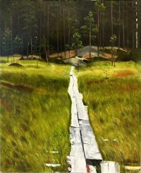 Heikki Virkkalan maalaama teos luonnonmaisemasta, jonka keskiössä pitkospuut.