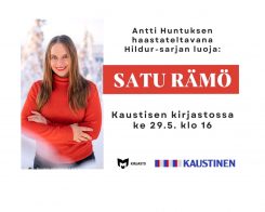 Kuvassa kirjailija Satu Rämö talvisessa maisemassa sekä infoteksti.