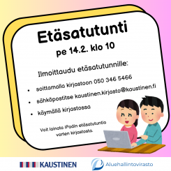 Kuvassa tyttö ja poika läppärillä pöydän äärellä ja Kaustisen kunnan ja aluehallintoviraston logot sekä infoteksti.