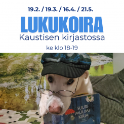 Kuvassa kirjaan nojaava labradorinnoutaja silmälasit kuonollaan ja lippalakki päässään sekä infoteksti.