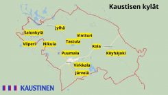Karttakuva Kaustisesta, johon kylien nimet ja sijainnit on merkitty.