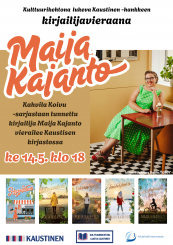 Kuvassa pydän ääressä istuva, hymyilevä, käteensä nojaava Maija Kajanto sekä hänen teoksiaan ja infoteksti.