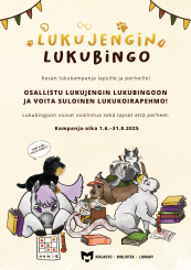 Kuvassa piirretyt eläinhahmot eli lammas, kissa ja koira kirjakasan vieressä täyttämässä bingolomakkeita. Niiden yllä kaksi viiriä sekä infoteksti.