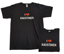 Musta t-paita I love Kaustinen-painatuksella.