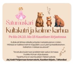 Kuvassa prinsessa, nuotteja ja kolme karhua sekä infoteksti.