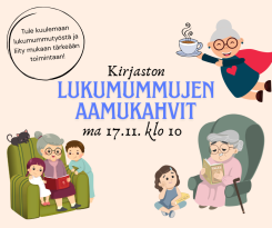 Kuvassa mummuja ja lapsenlapsia sohvilla ja sen edessä, supermummu lentelemässä kahvikuppi kädessään sekä infoteksti.