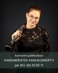 Kuvassa Hanna Hujanen bassoklarinetti olallaan. Kuvassa myös infoteksti.