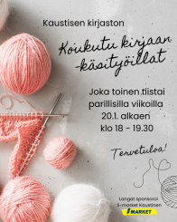 Kuvassa keskeneräinen neulekäsityö ja neljä lankakerää sekä infoteksti ja S-marketin logo.