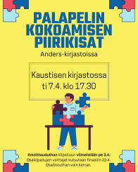 Kuvassa piirretty miesoletettu pöydän ääressä käsissään isoja palapelin paloja sekä infoteksti.