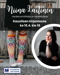 Kuvassa oikealla puoliympyrässä Niina Laitinen ja vasemmalla hänen suunnittelemansa villasukat naisoletetun yllä sekä infoteksti.