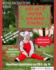 Kuvassa puun juurella istuva hiiri Hätä Houtu sekä infoteksti ja Kaustisen kirjaston ja Lupa- ja valvontaviraston logot.
