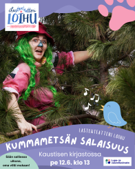Kuvassa värikkäästi pukeutunut ihmishahmo kyykyssä metsikössä sekä piirretty lintu ja tassu sekä infoteksti ja Lasteanteatteri Loihun ja Lupa- ja valvontaviraston logo.