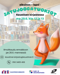 Kuvassa yhdellä jalalla seisova, piirretty kettu joogamatolla kirjaston salissa sekä infoteksti ja Kaustisen kirjaston, Lupa- ja valvontaviraston sekä mariyogan logot.