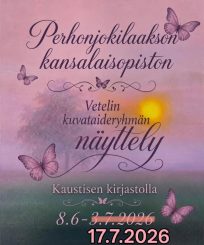 Kuvassa piirrettyjä perhosia auringolaskussa niityn, jossa kasvaa myös puu, yllä sekä infoteksti.